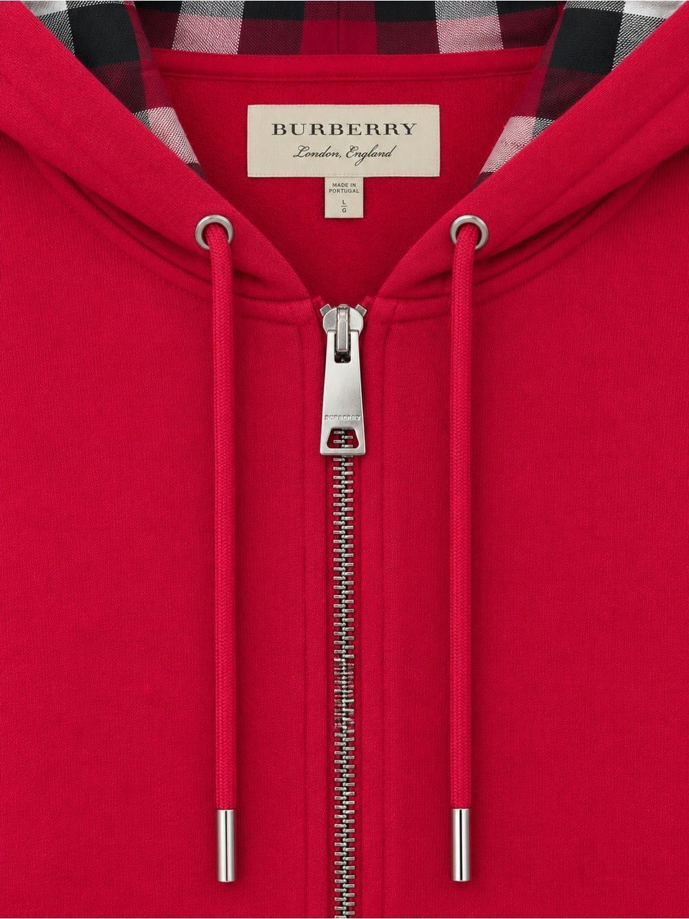 Burberry Red Cotton Zip Up Sweatshirt/Hoodie L Nova Check Plaid Hood EUC - Picture 8 of 11